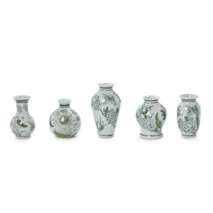 Primrose Lotus Hand-Painted Mini Green & White Chinoiserie Vases, Set of 5