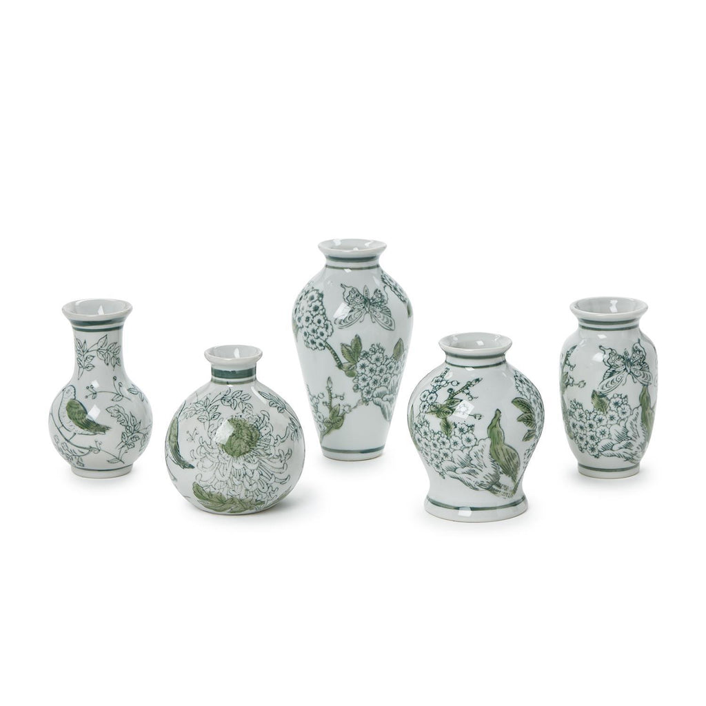 Primrose Lotus Hand-Painted Mini Green & White Chinoiserie Vases, Set of 5