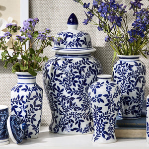 Blue and White Chinoiserie Temple Jars with Lids, Set of 2