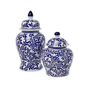 Blue and White Chinoiserie Temple Jars with Lids, Set of 2
