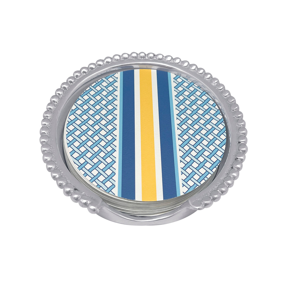 Front view of Pickleball Paddle Beaded Coaster Set showcasing a silver beaded holder and blue patterned coaster with a white background
