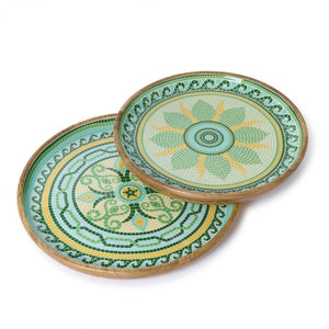 Garden View Hand-Crafted Wooden Round Trays with Enamel, Set of 2