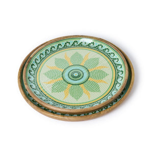 Garden View Hand-Crafted Wooden Round Trays with Enamel, Set of 2