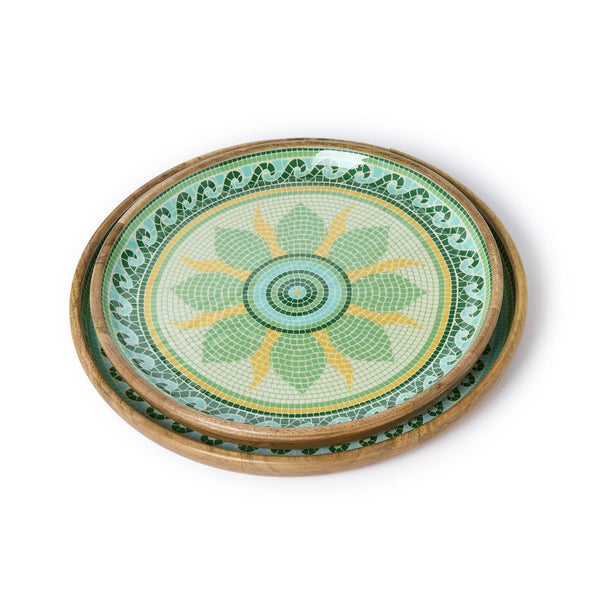 Garden View Hand-Crafted Wooden Round Trays with Enamel, Set of 2