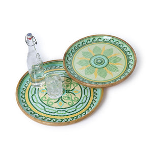 Garden View Hand-Crafted Wooden Round Trays with Enamel, Set of 2