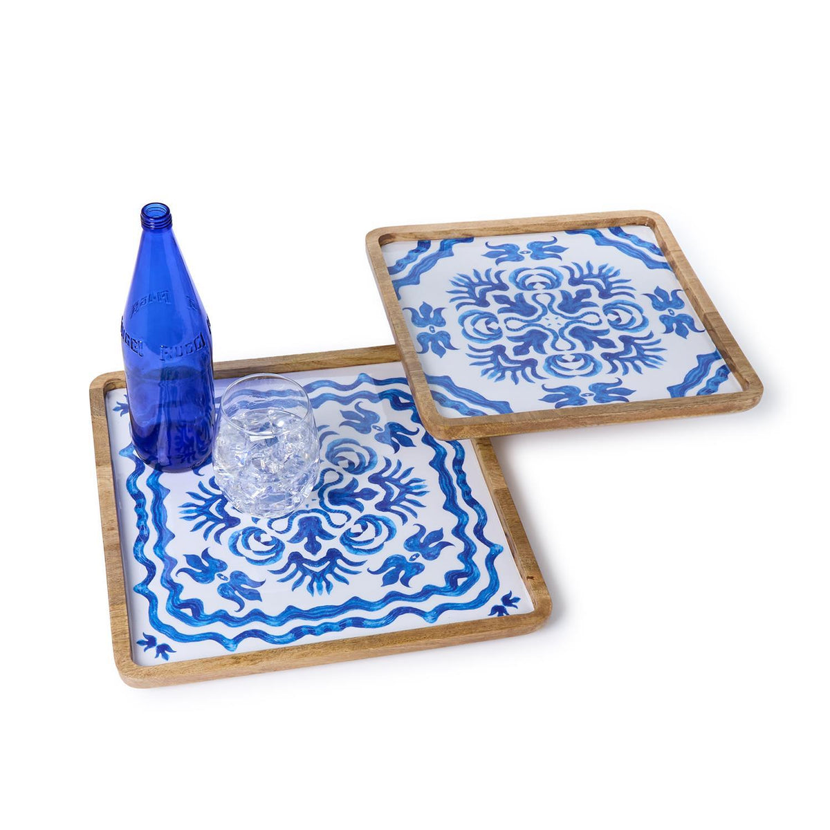 Blue Block Print Trays, Set of 2