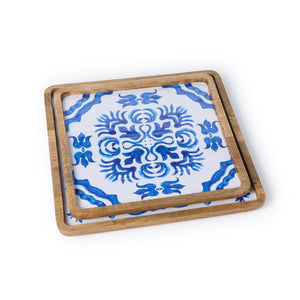 Blue Block Print Trays, Set of 2