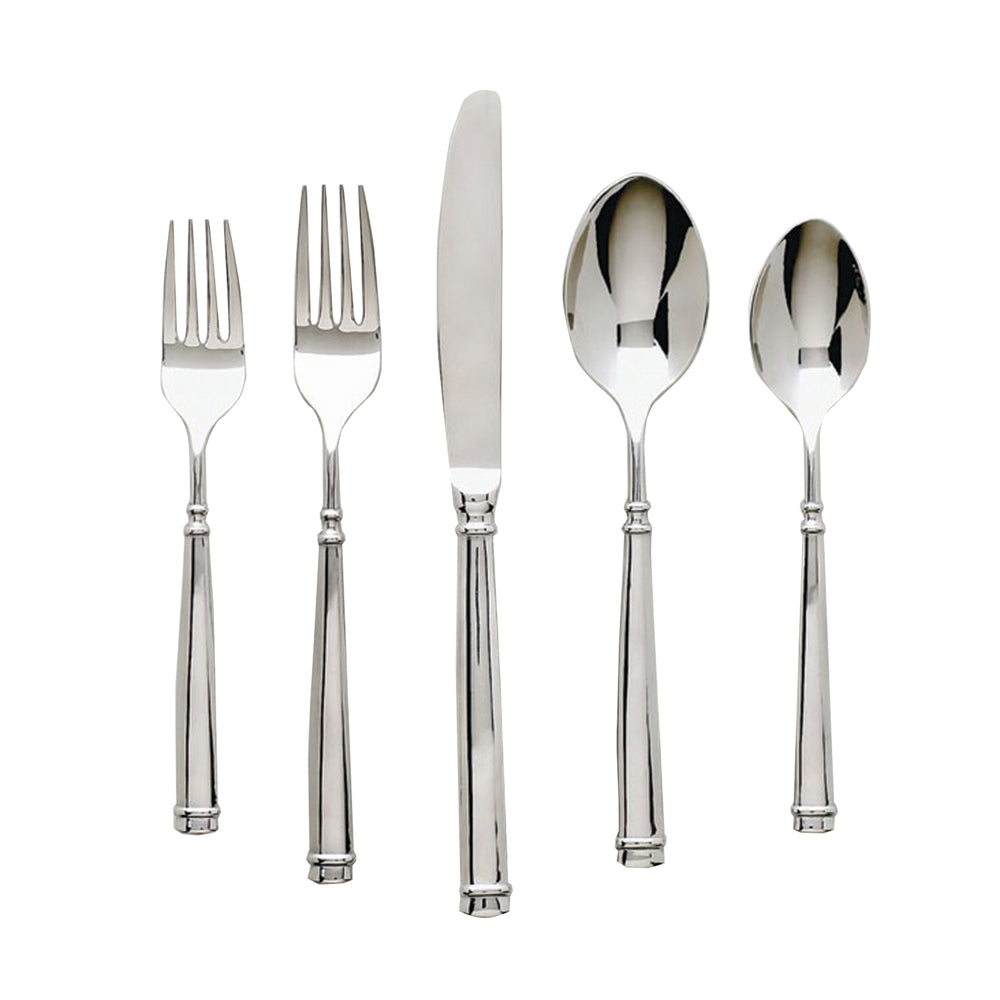 Front view of Naples flatware showing five utensils in 18/10 stainless steel with mirror finish