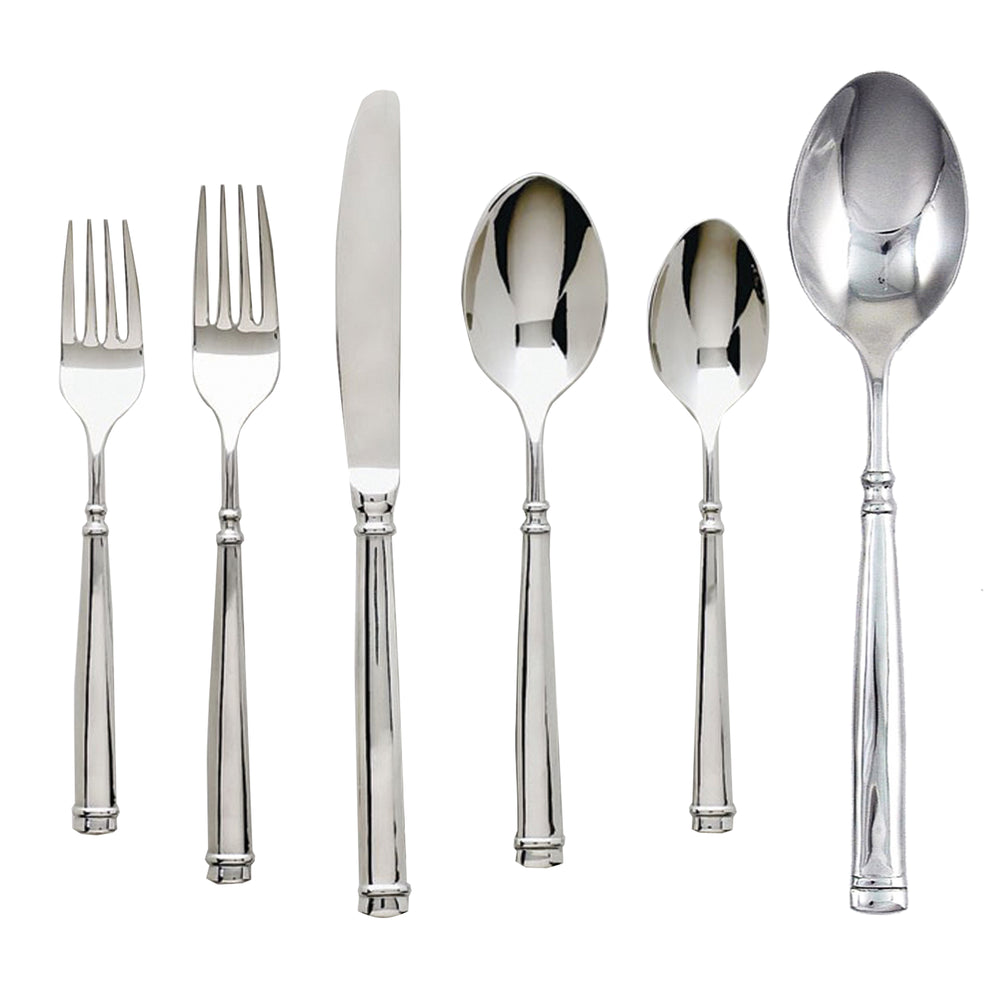 Front view of Naples 42-piece flatware set showing forks, knife, spoons in 18/10 stainless steel mirror finish on white background
