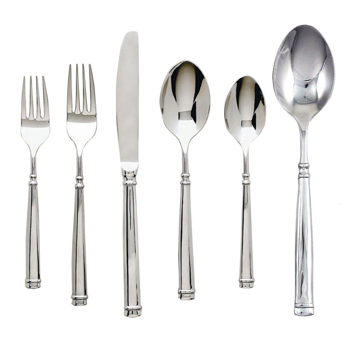 Front view of Naples 42-piece flatware set showing forks, knife, spoons in 18/10 stainless steel mirror finish on white background