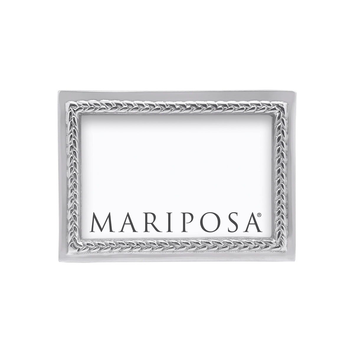 Front view of Mariposa braided photo frame showcasing braided silver border on white background