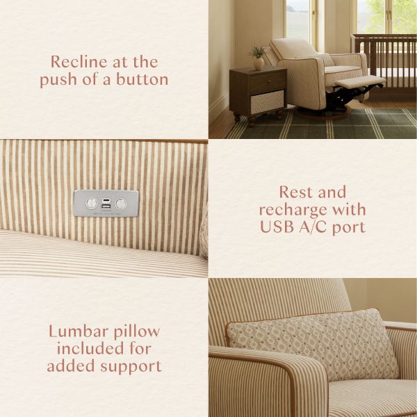 Product collage of Sigi electronic recliner and glider showing push-button reclining, USB A/C port, and included lumbar pillow