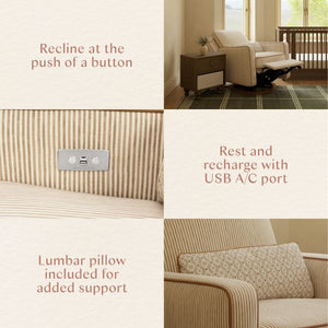 Product collage of Sigi electronic recliner and glider showing push-button reclining, USB A/C port, and included lumbar pillow