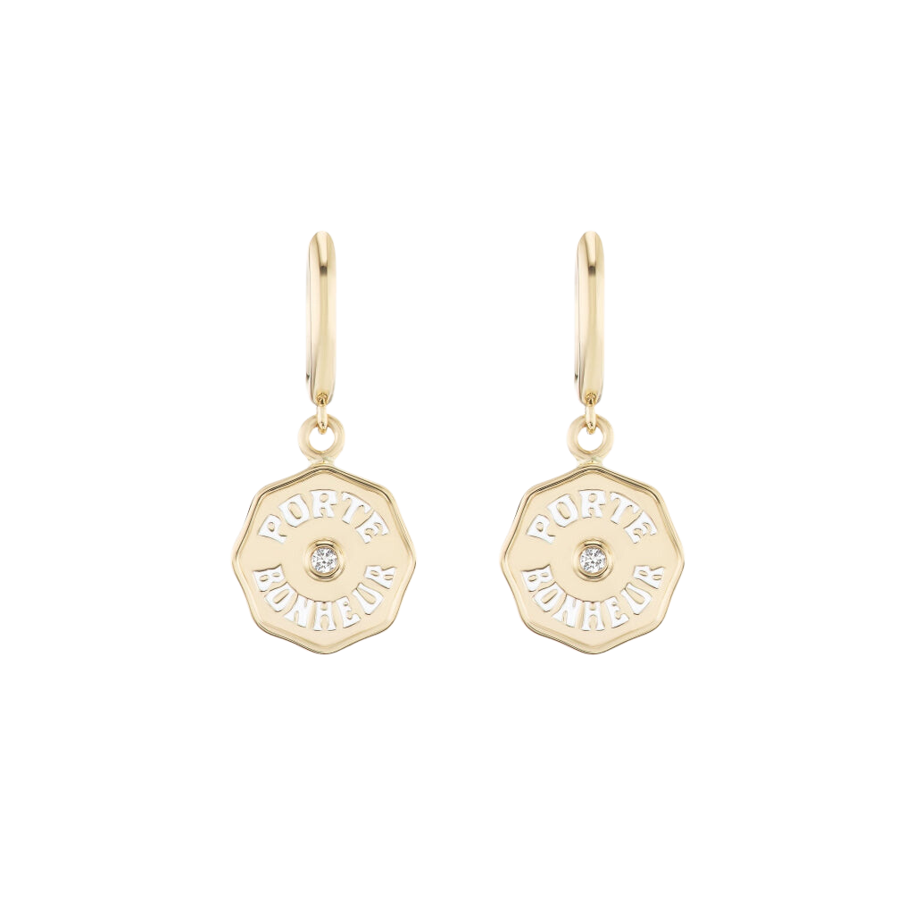 Front view of Wee PB Hoops earrings showcasing Porte Bonheur coin charms with center white diamonds on black background