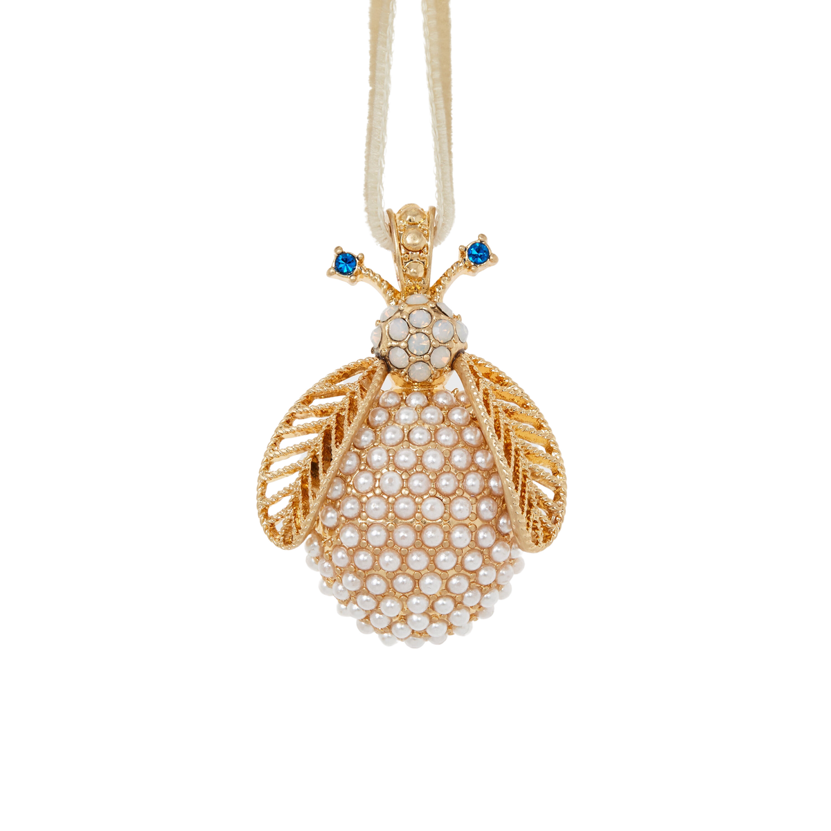 Front view of Pearl Bug Hanging Ornament showcasing pearl covered body and blue jeweled eyes with black background