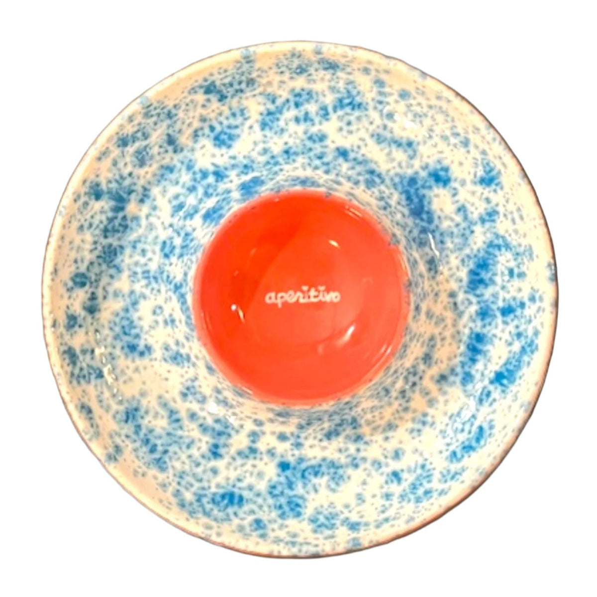 Top view of Hand-painted Aperitivo Platter showcasing a blue speckled pattern and orange center with a white background
