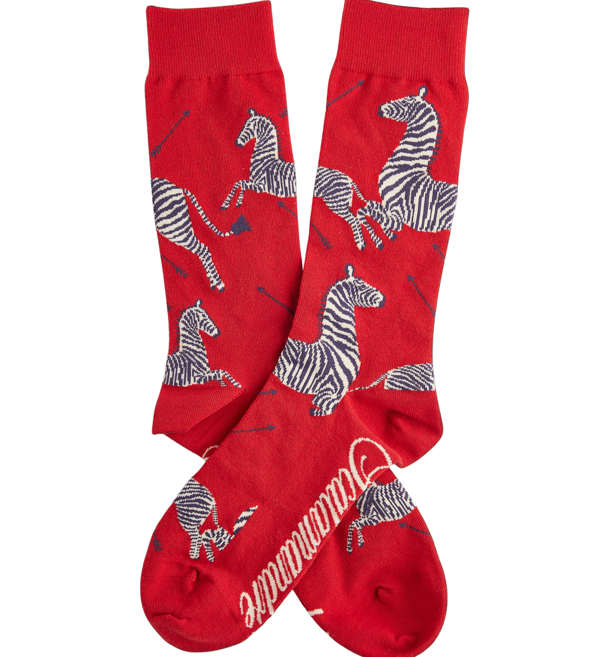 Front view of Men’s Zebras Socks showcasing red fabric and zebra motifs with a black background