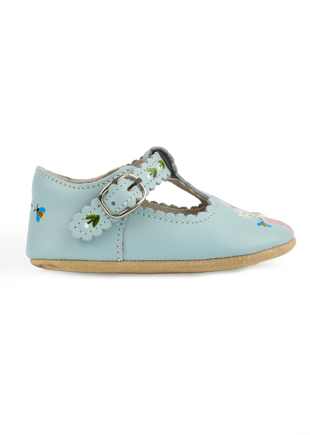 Daisy Bouquet Hand-Painted on Blue Scallop Baby Shoes