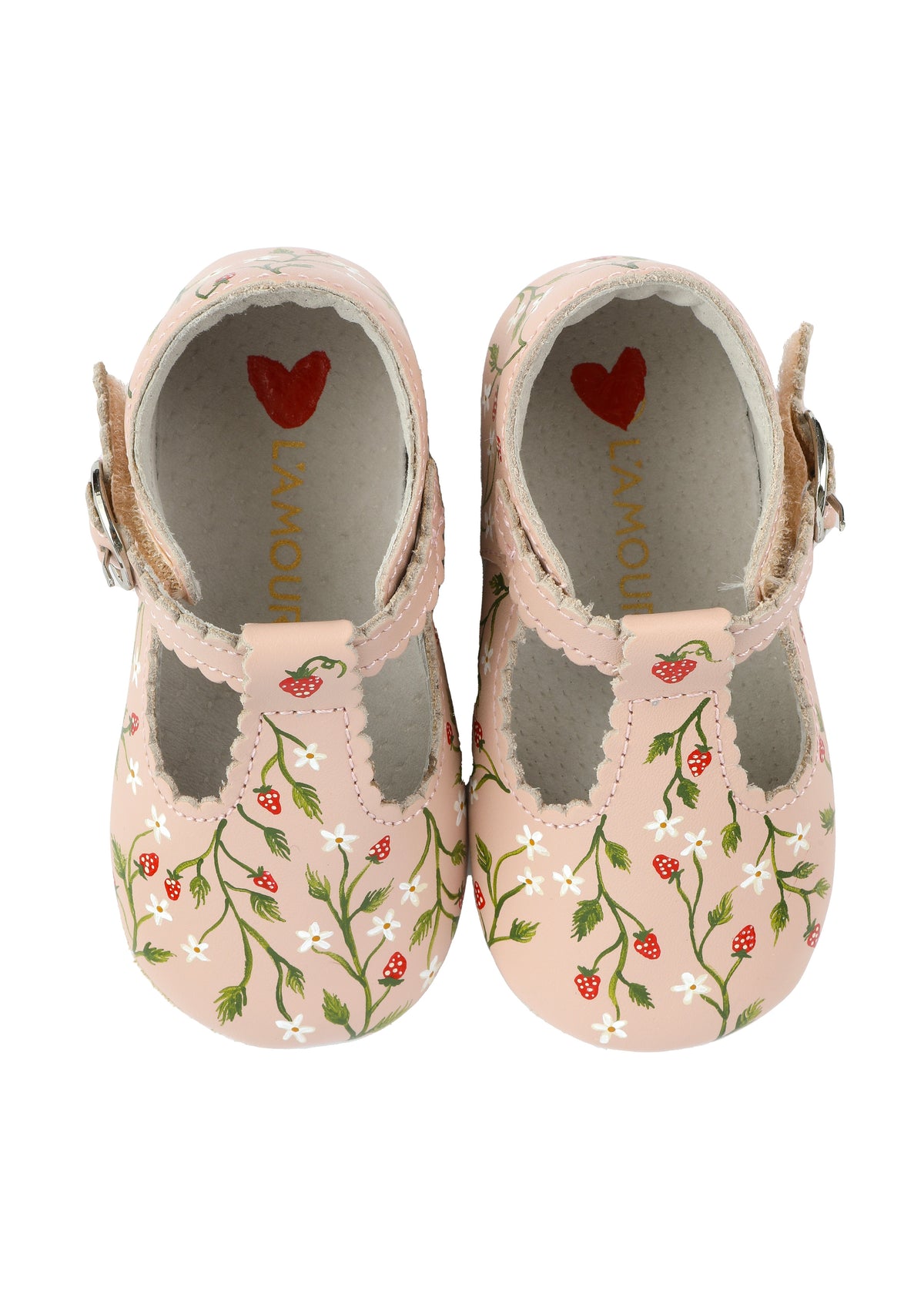 Strawberry Hand-Painted on Pink Scallop Baby Shoes