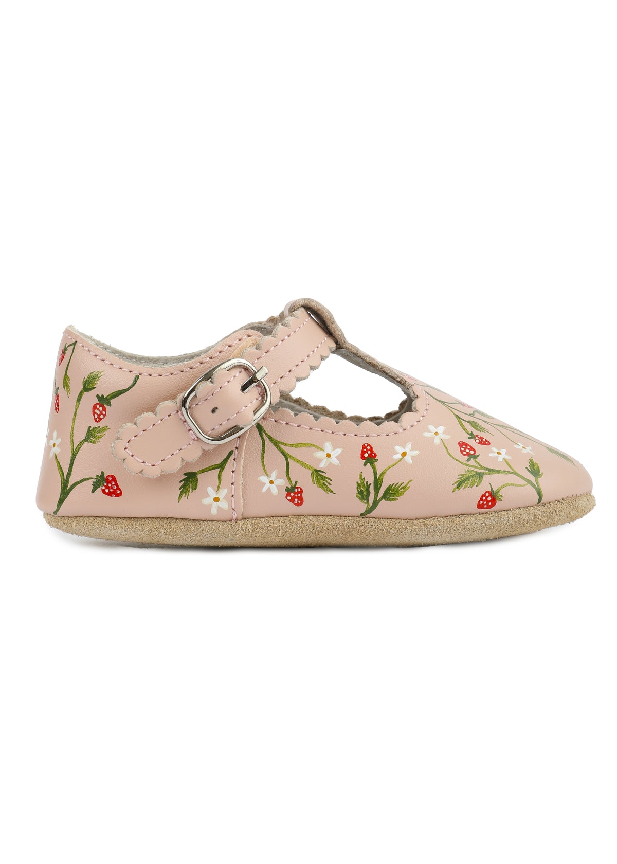 Strawberry Hand-Painted on Pink Scallop Baby Shoes