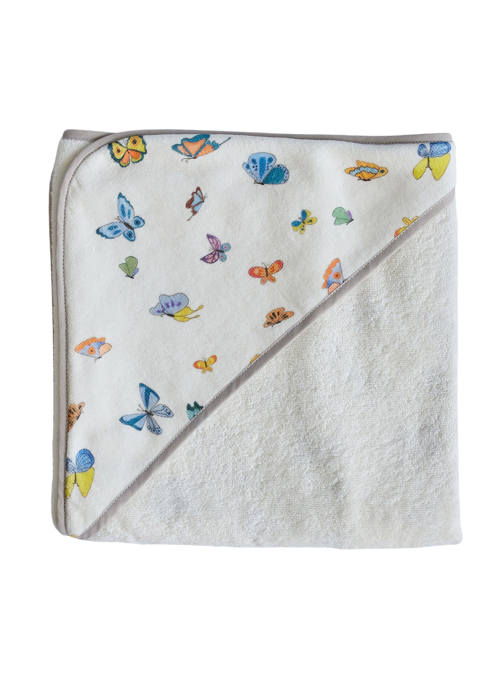 Top view of Madame Butterfly hooded baby towel folded to show colorful butterfly print on hood and gray trim on white terry