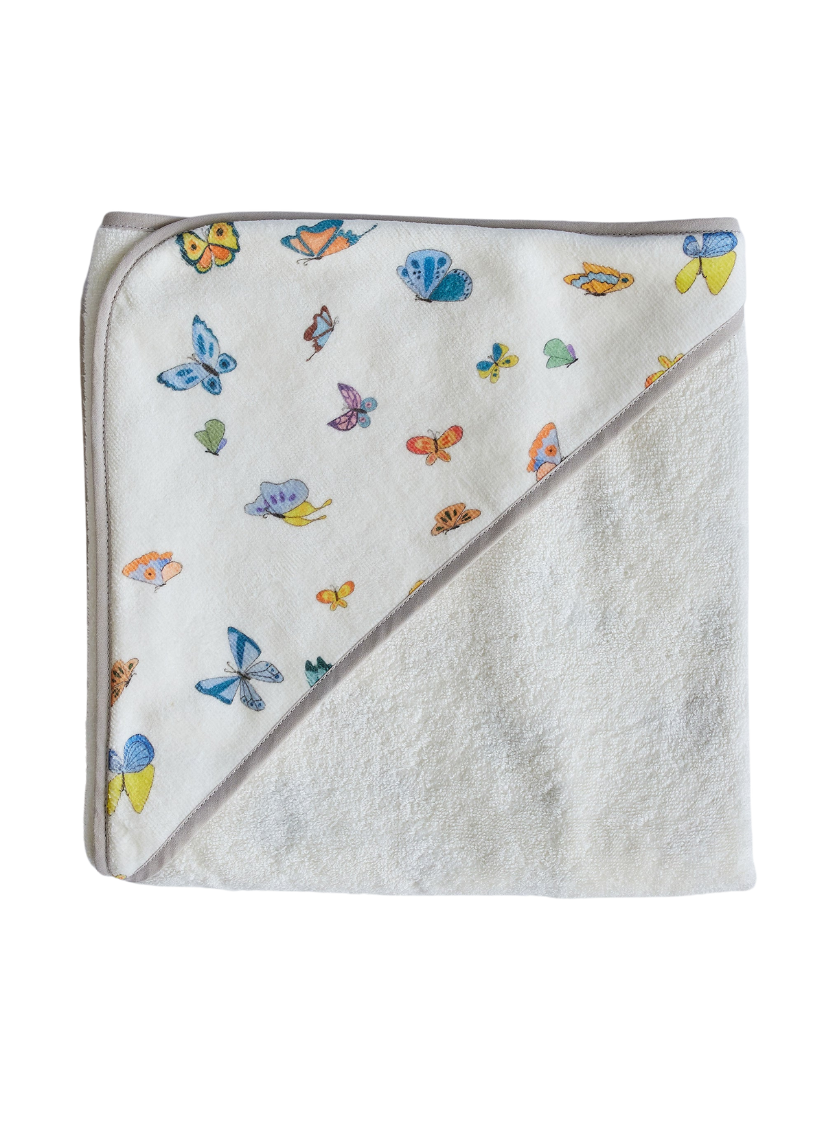 Top view of Madame Butterfly hooded baby towel folded to show colorful butterfly print on hood and gray trim on white terry