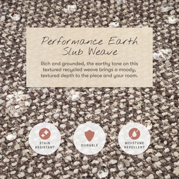 Fabric feature graphic showing Performance Earth Slub Weave is stain resistant, durable, and moisture repellent