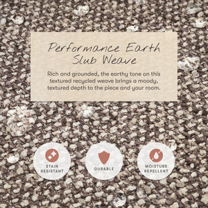 Fabric feature graphic showing Performance Earth Slub Weave is stain resistant, durable, and moisture repellent
