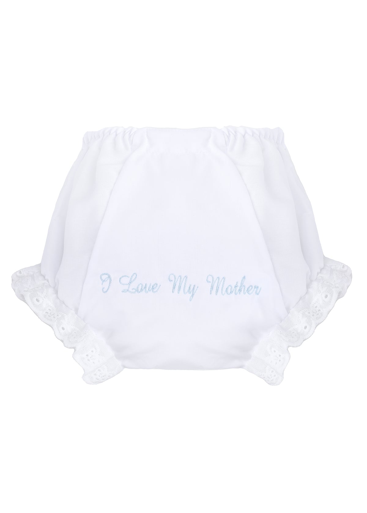 Front view of white cotton baby bloomers with blue I Love My Mother embroidery, elastic waist and eyelet lace trim