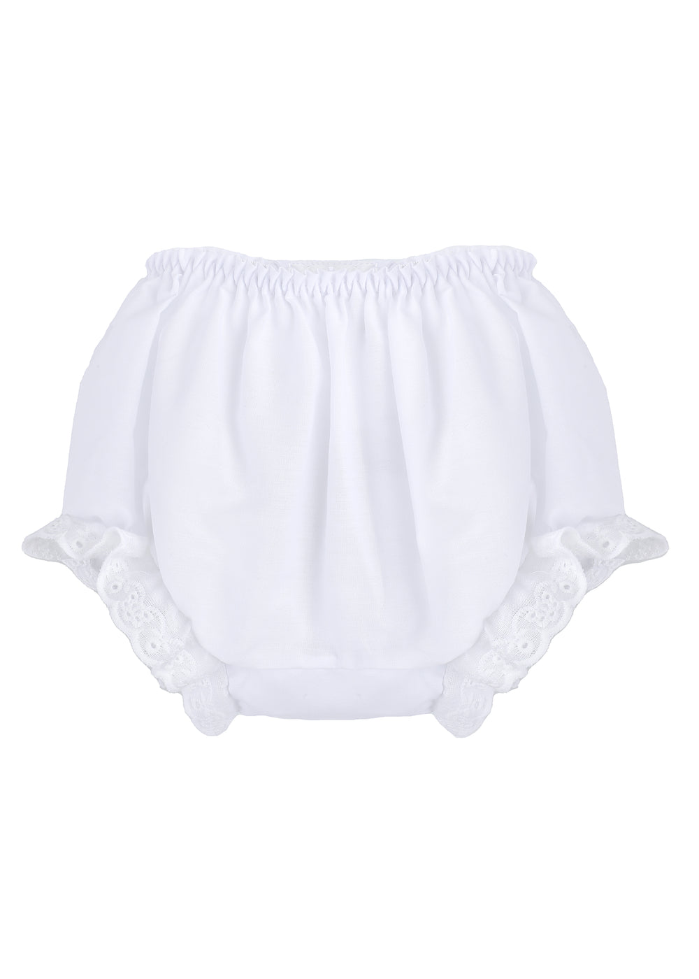 Front view of I Love My Mother cotton bloomers showcasing elasticized waist and lace-trimmed leg openings on white background