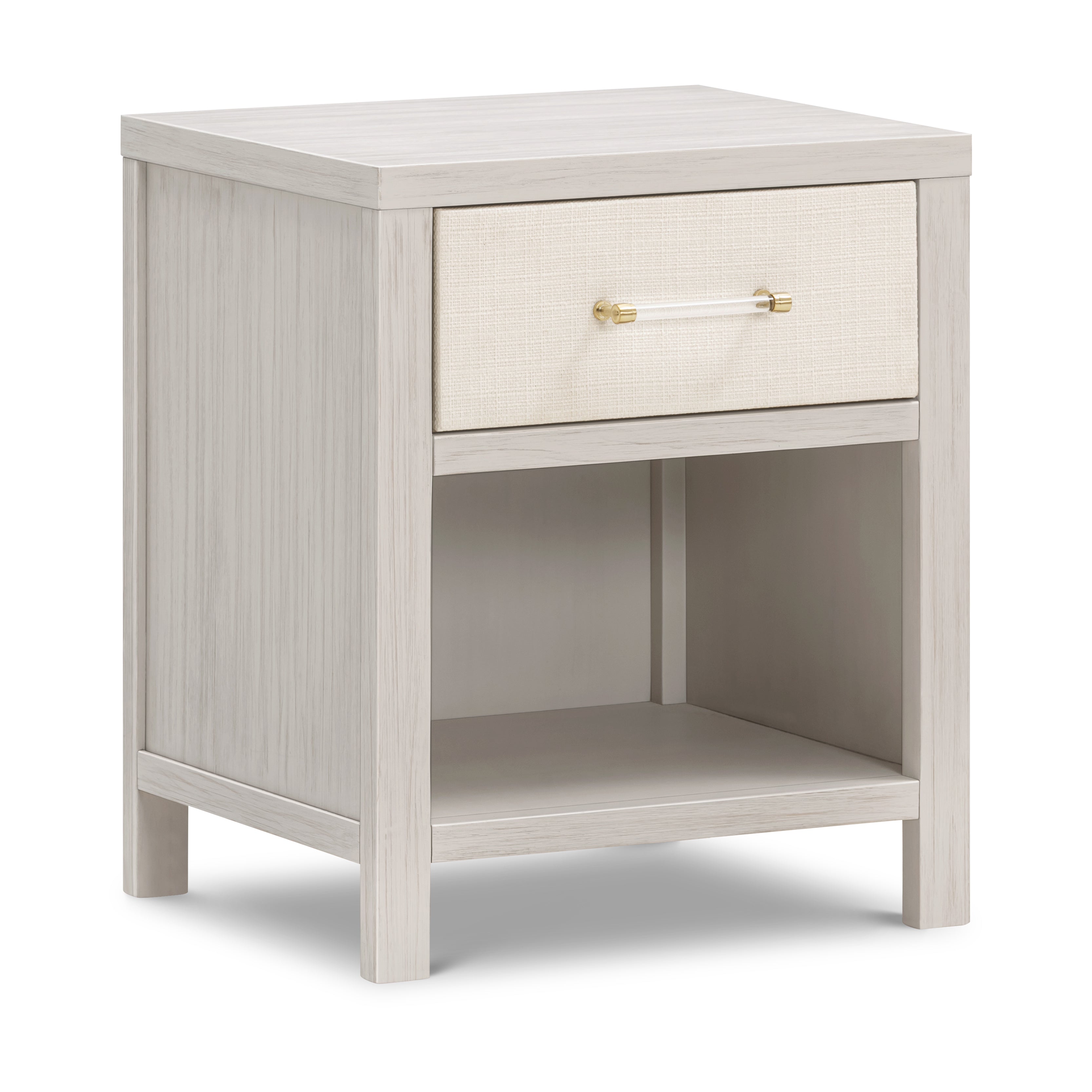 Eloise Assembled Nightstand in White Driftwood and Performance Pearl Eco-Weave