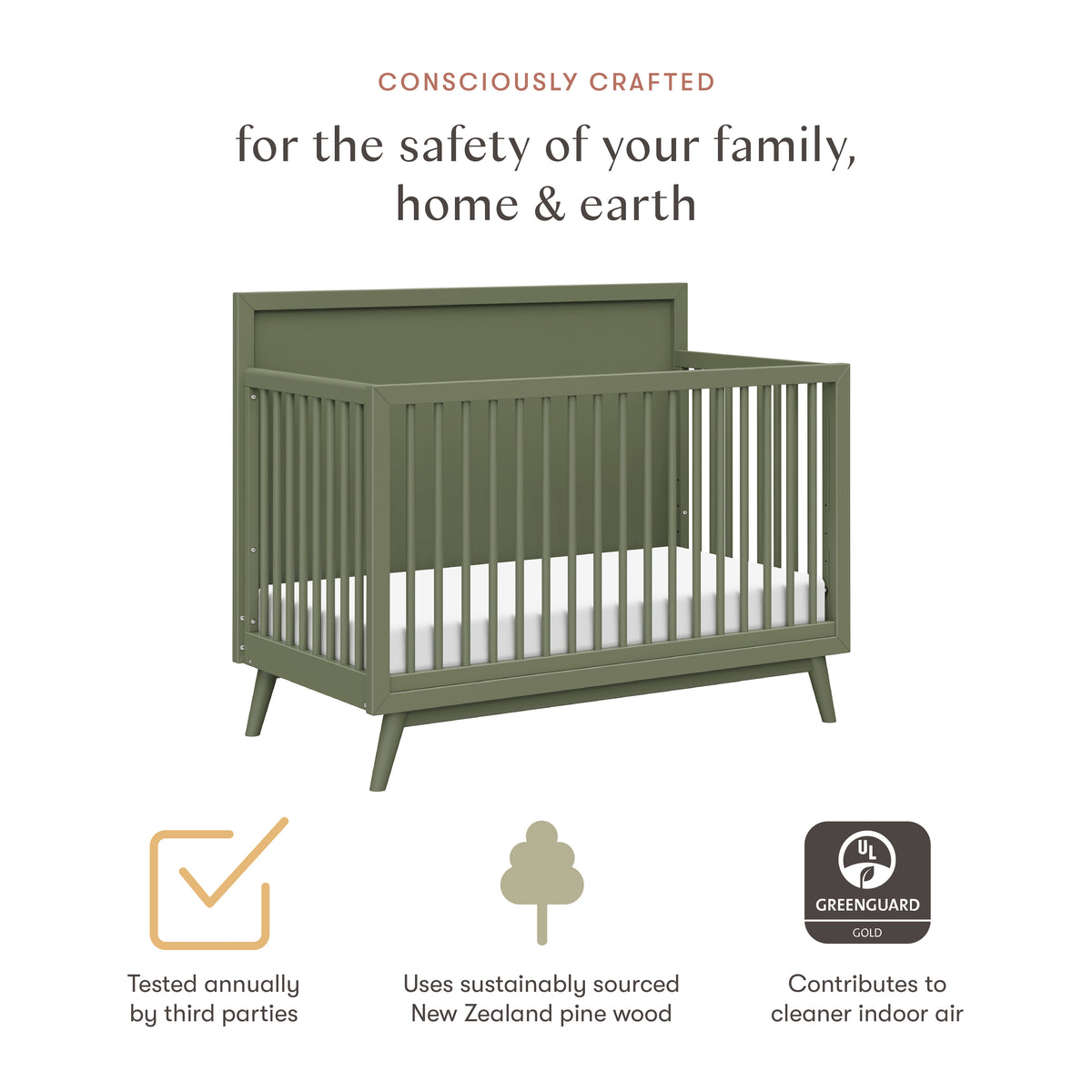 Promotional graphic of olive Palma crib with headline ‘for the safety of your family, home & earth’ and icons for annual testing, sustainably sourced NZ pine, and GREENGUARD Gold