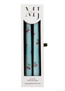 Teal Cherry Hand-Painted Taper Candles, Set of Two