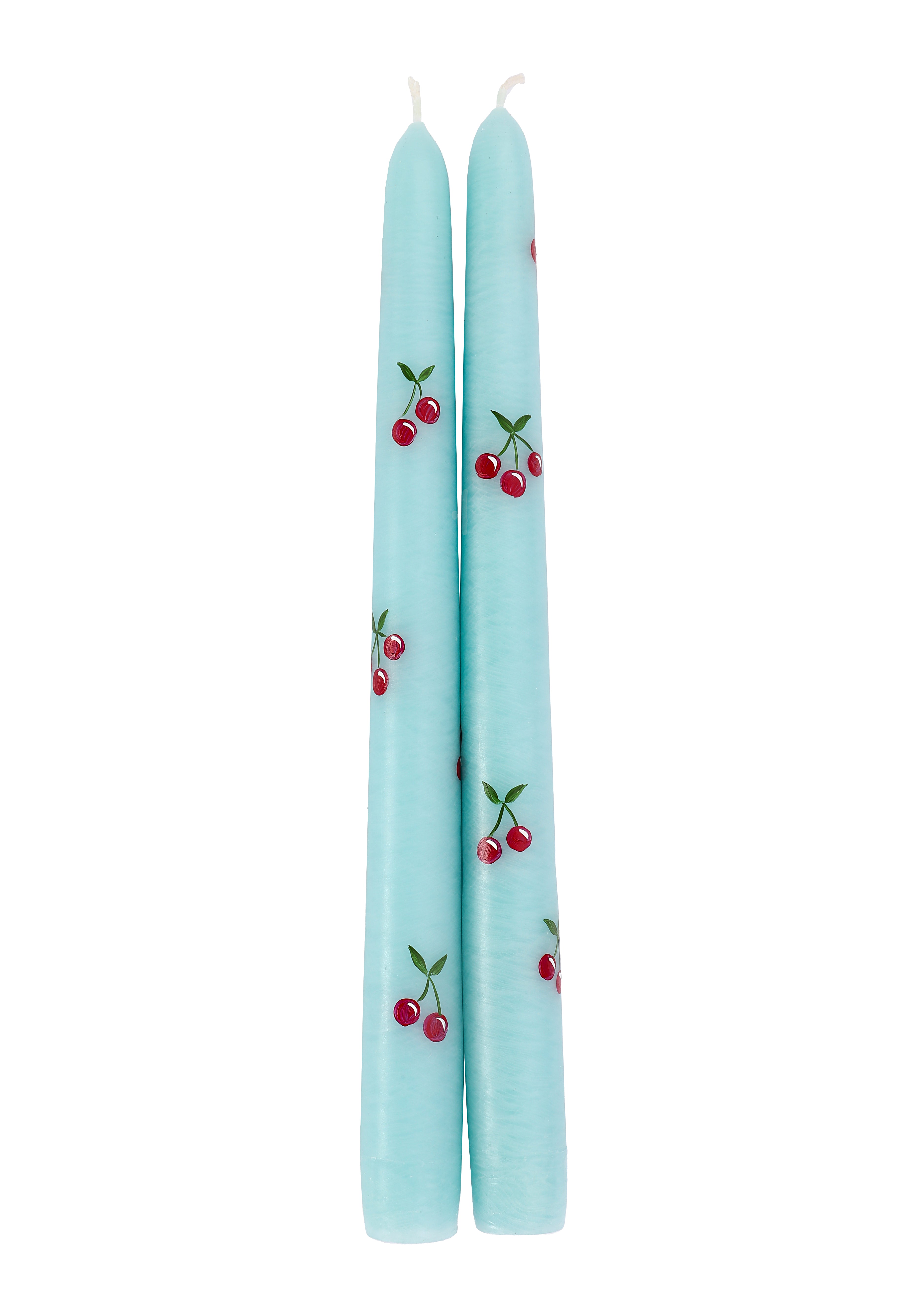 Teal Cherry Hand-Painted Taper Candles, Set of Two