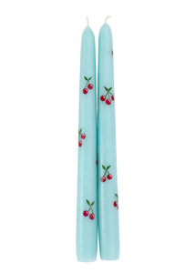 Teal Cherry Hand-Painted Taper Candles, Set of Two