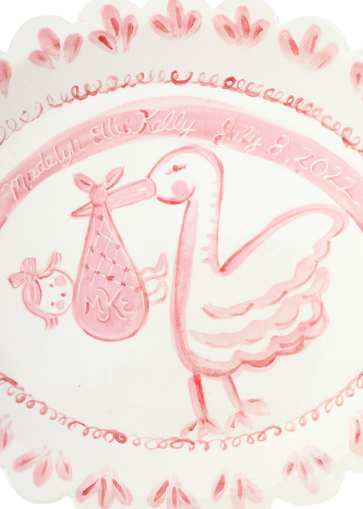 Scalloped Stork Birth Plate in Pink