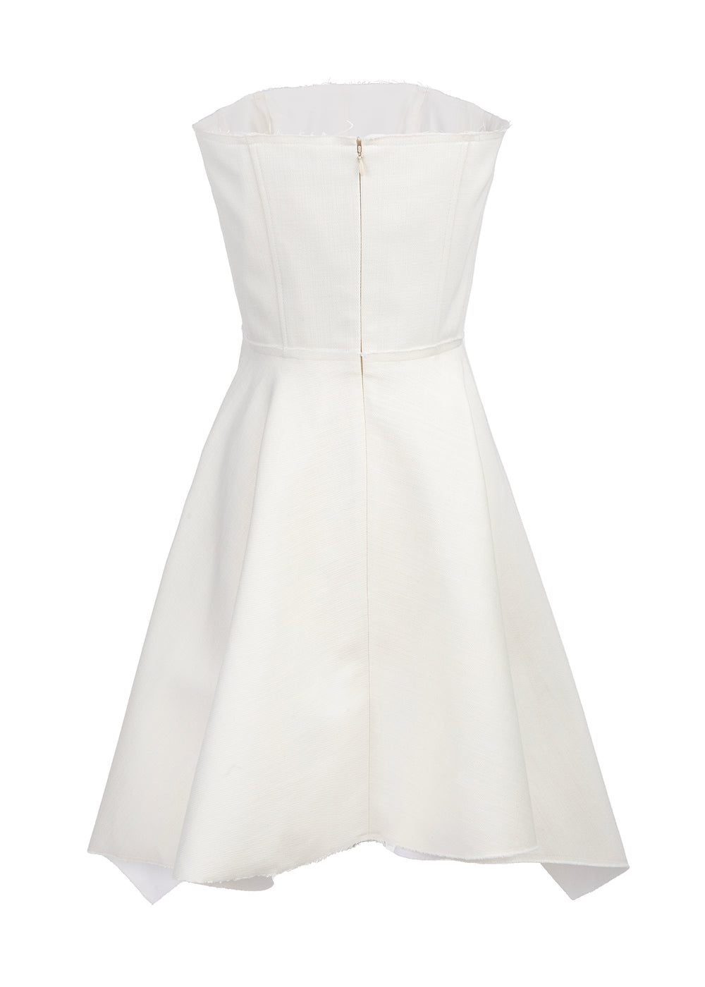 Back view of Aria Corset showcasing boned bodice, center back zipper and kerchief-style peplum with raw hem on white backdrop