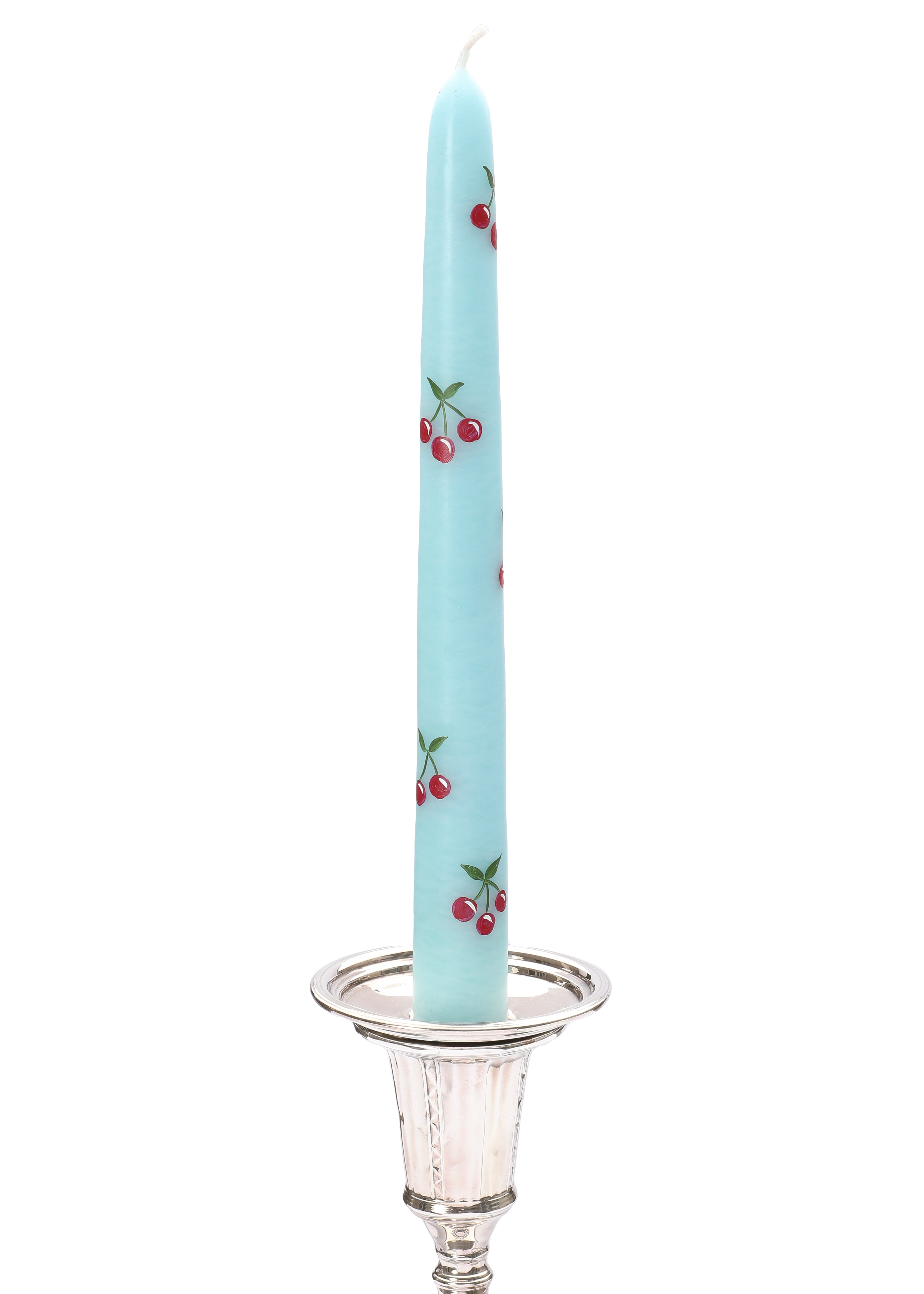 Teal Cherry Hand-Painted Taper Candles, Set of Two