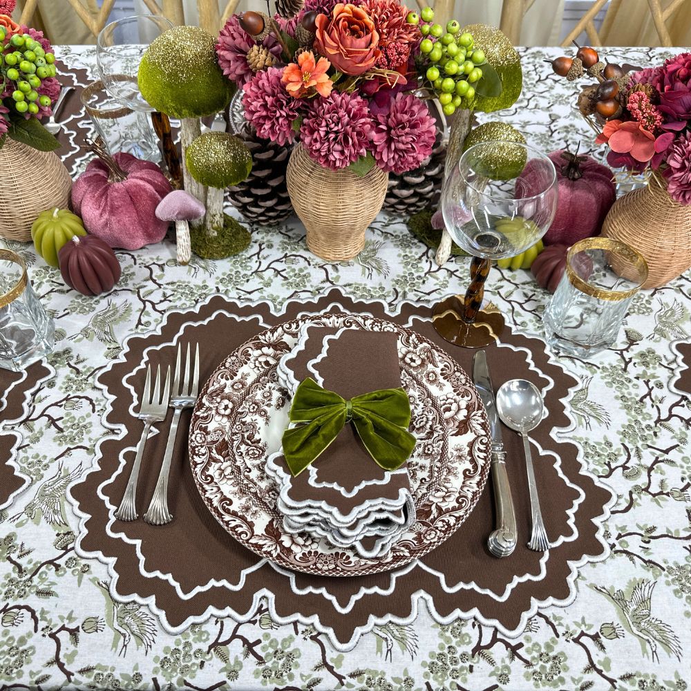 brown placemats, brown napkins, embroidered placemats, embroidered napkins, green and white tablecloth, luxury fall table linens