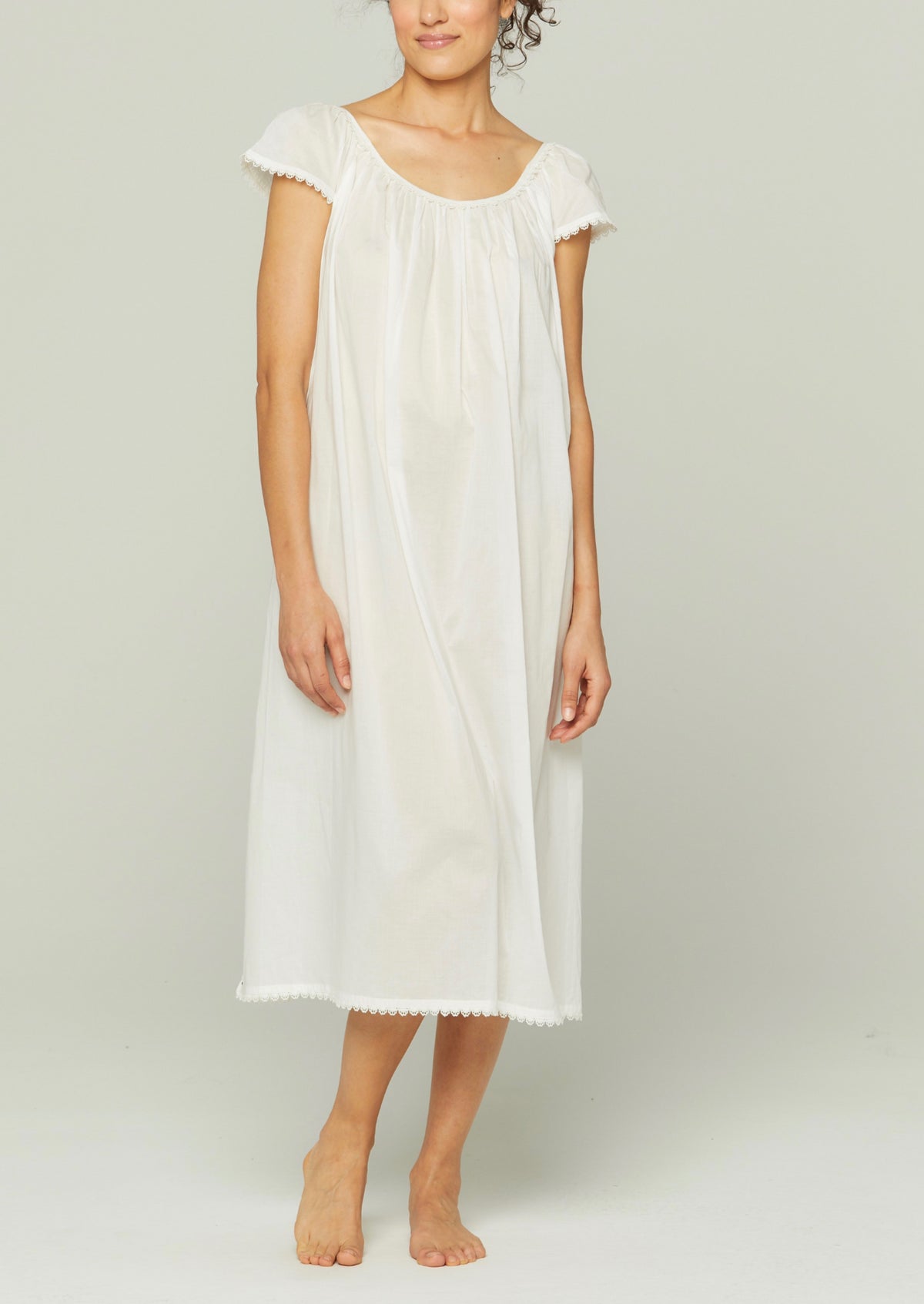 Long Cotton Nightgown with Flower Trim in White