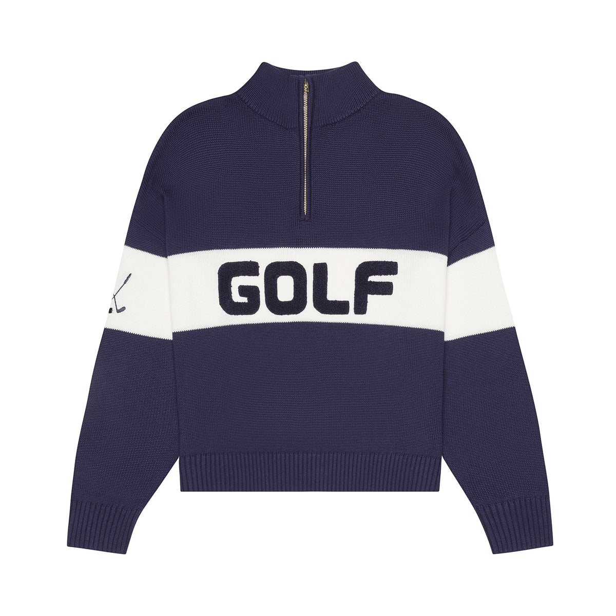 Front view of Colorblock Golf Quarter Zip Sweater in Navy showcasing a white stripe and GOLF lettering on a white background