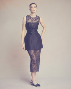 Effie Pencil Skirt in Black Organza with Ribbon Embroidery