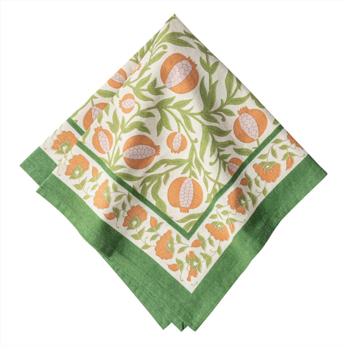 Close-up of Grenadine Orange & Green Napkins, Set of 6 showcasing orange and green floral pattern with white background