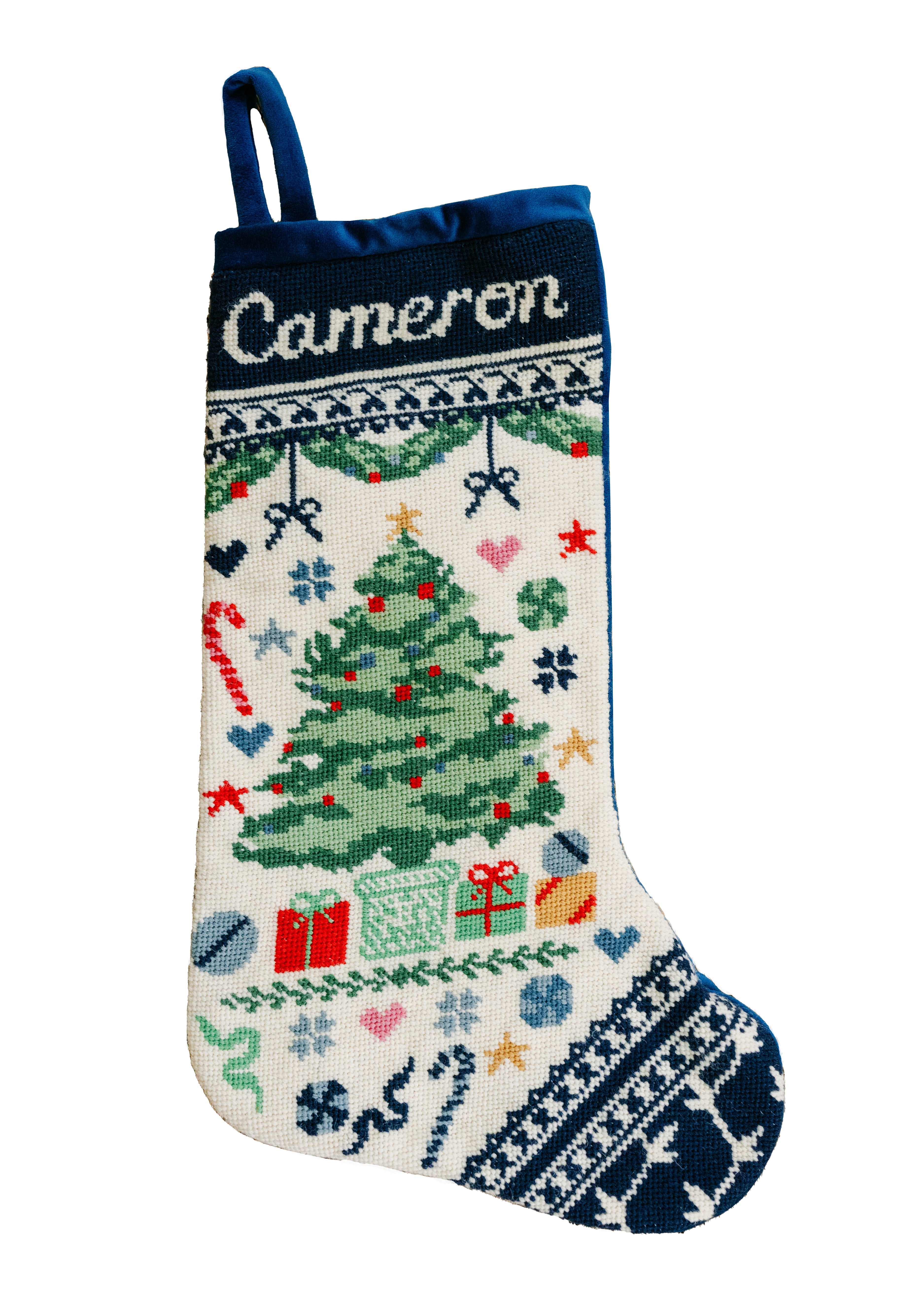 Needlepoint Christmas Tree Stocking in Navy