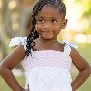 Henry Duvall Betsy Bloomer Set with hand-smocked top in Dumnore Dot print and matching pink bloomers, classic heirloom baby girl summer outfit with shoulder ties