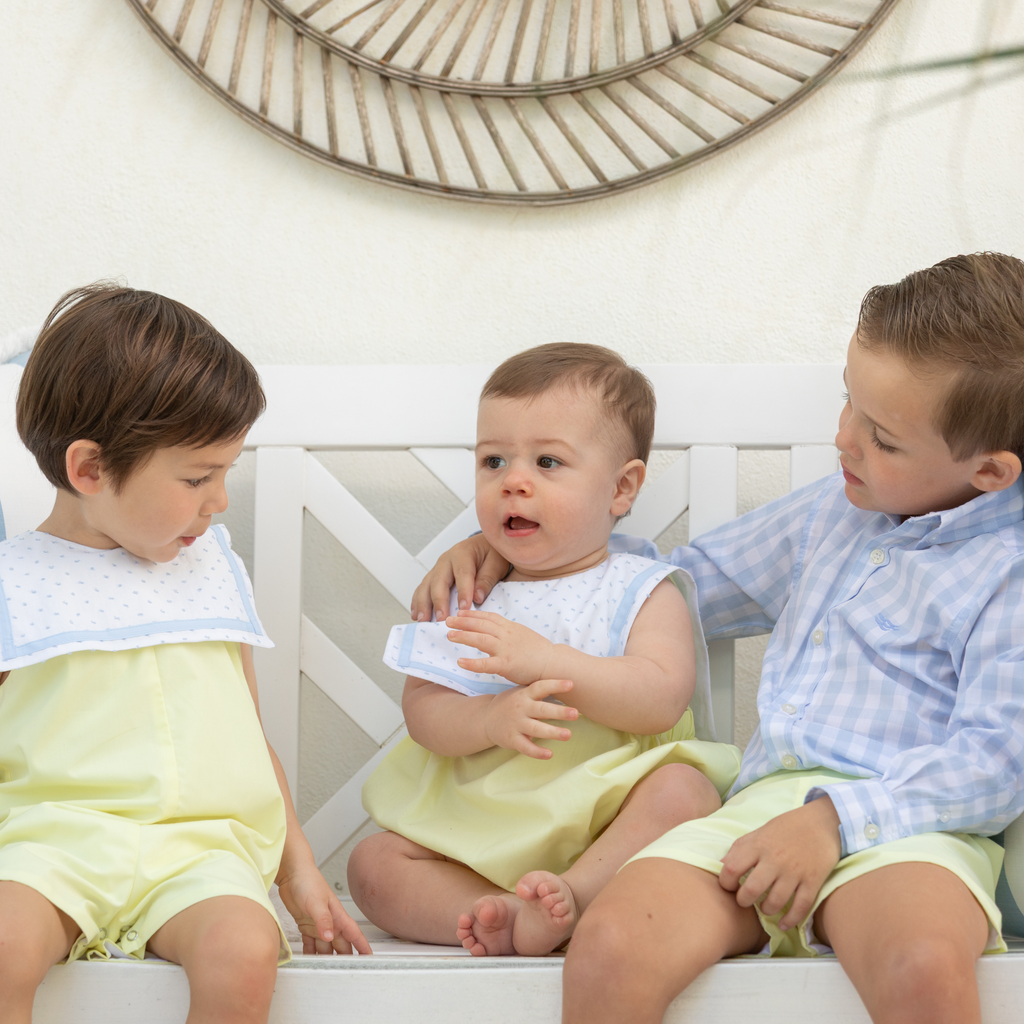 Henry Duvall Saylor Jon Jon in soft yellow fabric with blue Swiss dot sailor collar and trim, classic heirloom baby boy summer outfit