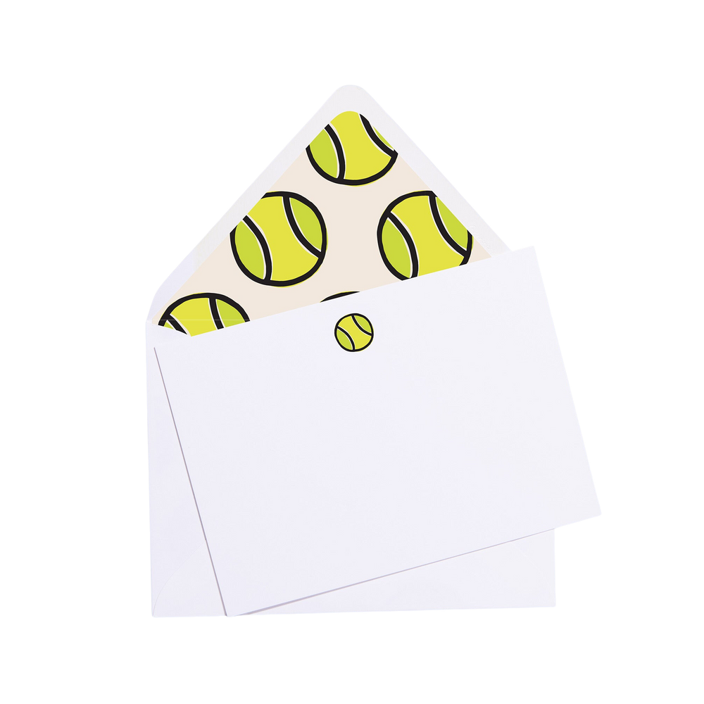 Front view of Match Point Notecards, set of 10 showcasing a white envelope with tennis ball patterned lining