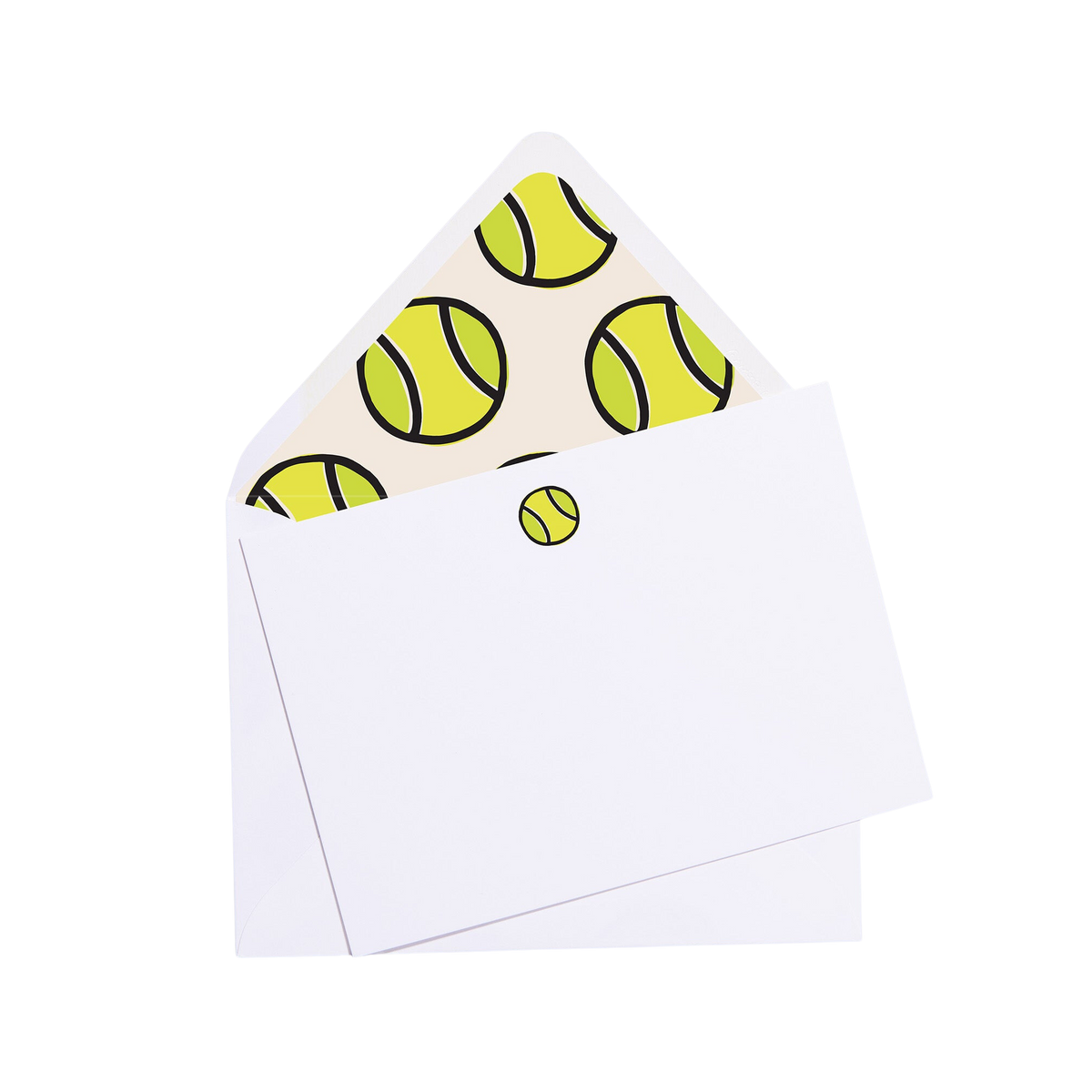 Front view of Match Point Notecards, set of 10 showcasing a white envelope with tennis ball patterned lining