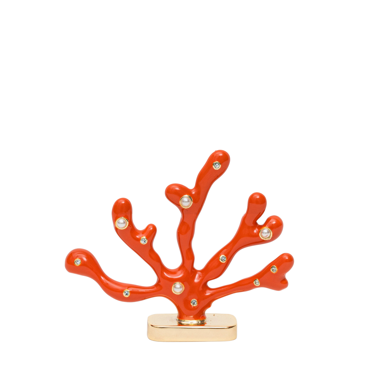 Front view of Coral Placecard Holders in Coral, Set of Two showcasing jeweled accents on a black background