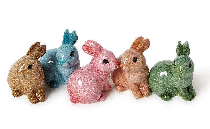 Front view of Hand-Painted Resin Bunnies, Set of 5 showcasing assorted colors and hand-painted finish with white background